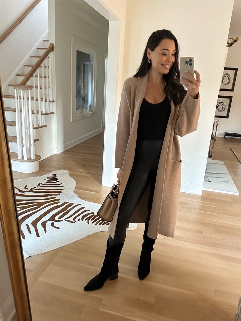 Camel Open-Front Knit Longline Cardigan Sweater